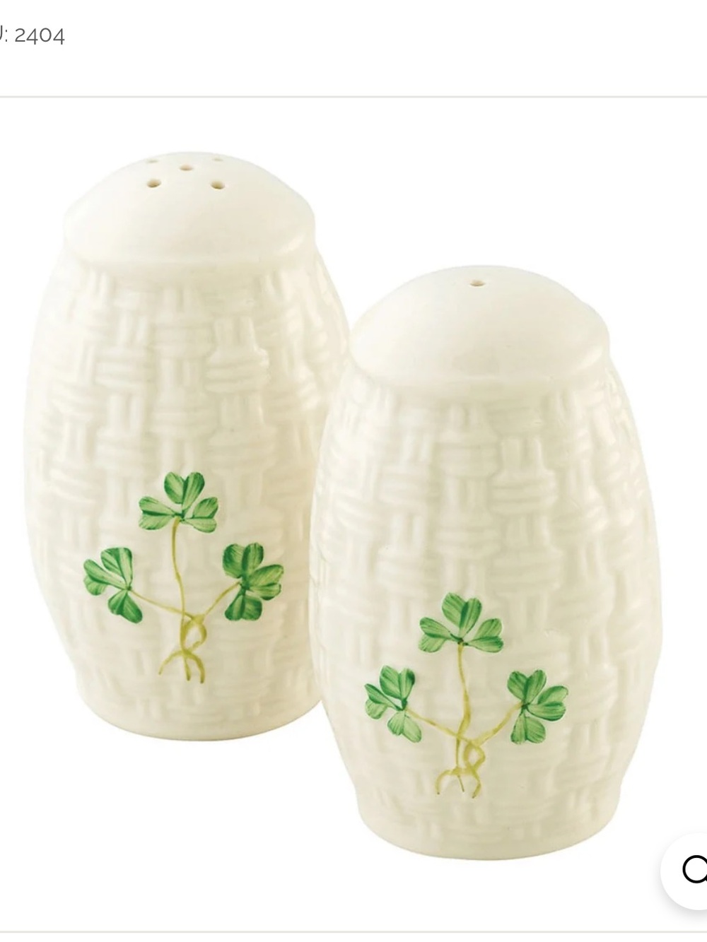 NWT Belleek Shamrock Salt & Pepper Shakers - White with Green Shamrock